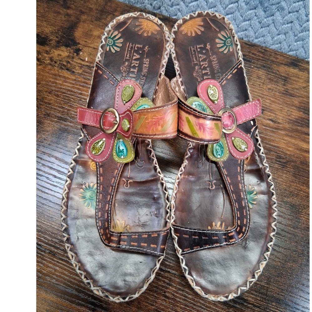 Spring Step L'Artiste Santorini Brown Leather Floral Wedge Sandals Women 40 US 9